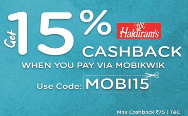 India Desire : Haldirams Mobikwik Offer : Flat 15% Cashback At Haldirams Via Mobikwik